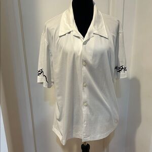 Men's White Short Sleeve Button Down Shirt with Embroidery